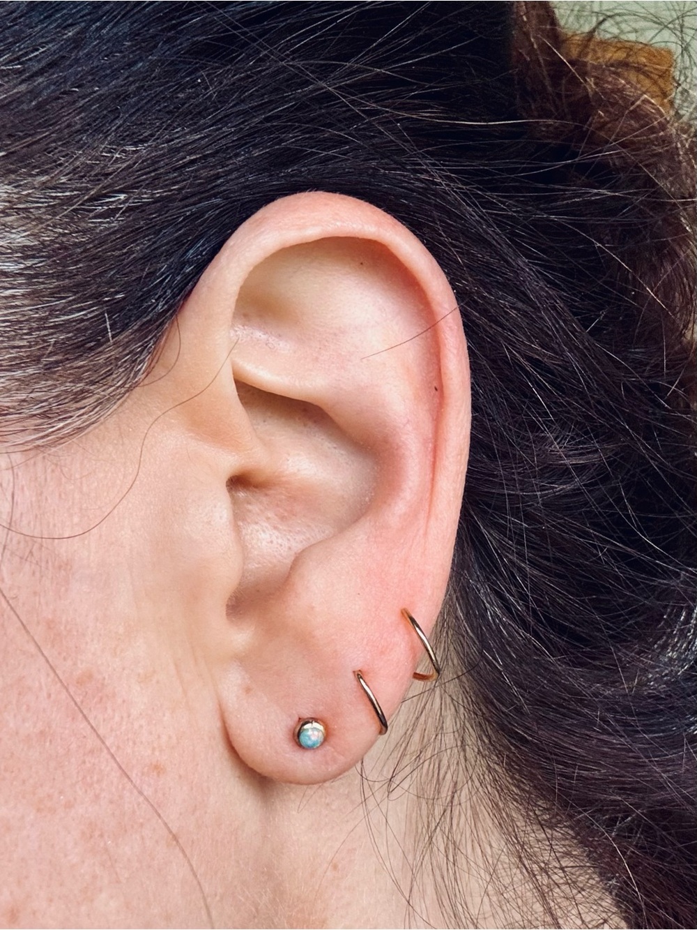 Artisan Gold-Tone Double Hoop Earrings w/ Opal Stone Stud, Need 2 piercings!